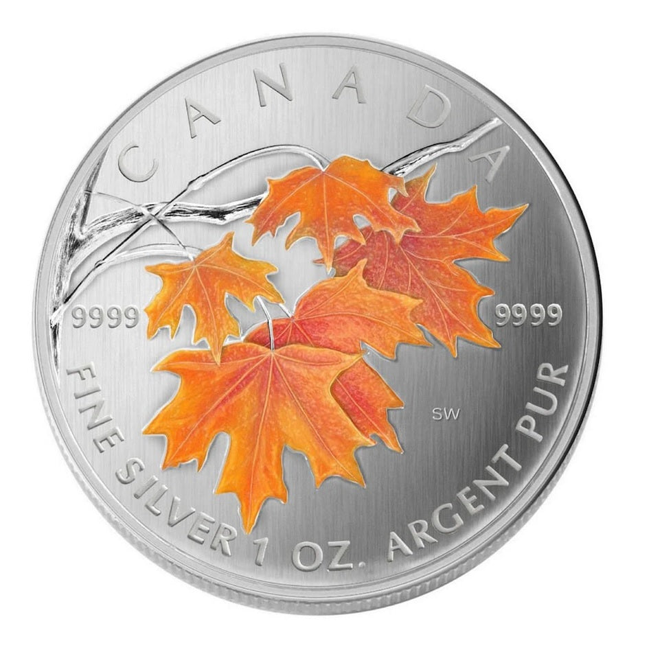 1oz Coloured Maple Leaf: Sugar Maple in Orange Silver Coin